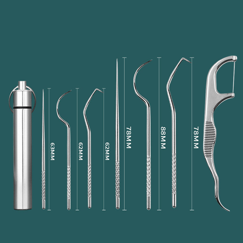 7pcs Stainless Steel Toothpicks Pocket Set Portable Floss Pick Reusable Metal Toothpicks Tooth Cleaning Kit With Keychain Holder