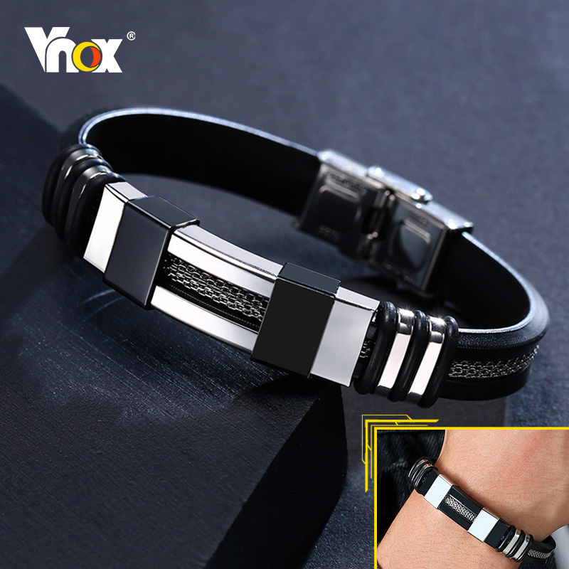 Vnox Edelstahl Armband Männer Handgelenk Band Schwarz Rillen Ruder Silikon Mesh Link Einsatz Punk Armband Stilvolle Casual Armreif