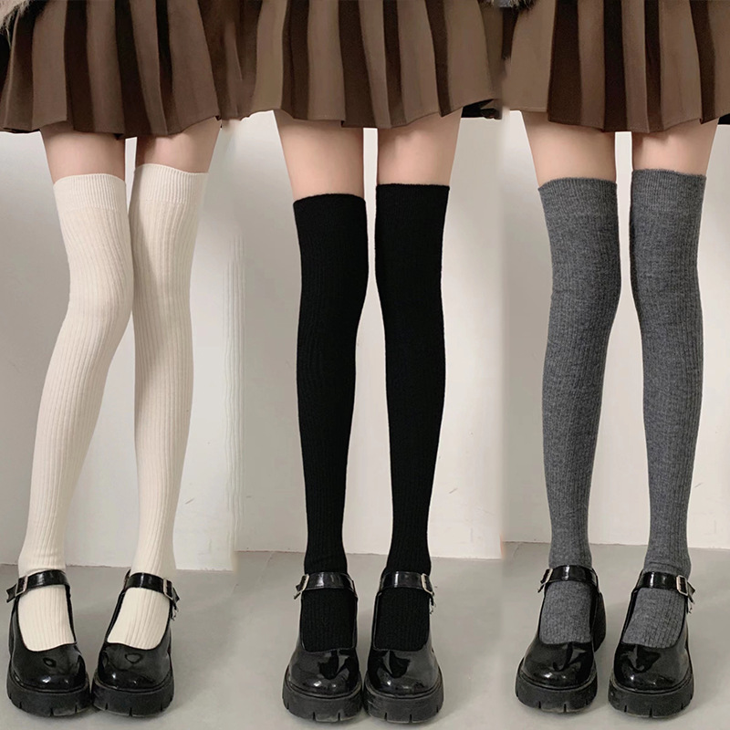 Calcetines mujer Otoño e Invierno grueso cálido Color sólido hasta la rodilla medias negro blanco rayas verticales calcetines altos hasta el muslo para mujer
