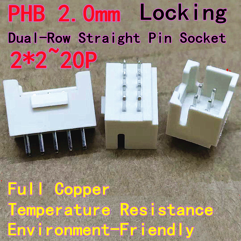 20 pièces 2.0mm PHB PHSD prise à broche droite double rangée, connecteur de prise de verrouillage 4P/6P/8P/10P/12P ~ 40P PHB en-tête à broche droite