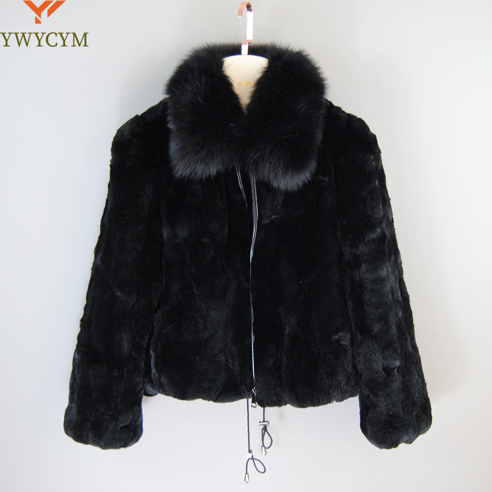Moda mujer invierno Natural Real Rex abrigo de piel de conejo señora calidad cálida 100% chaqueta de piel de conejo Rex genuina con cuello de piel de zorro