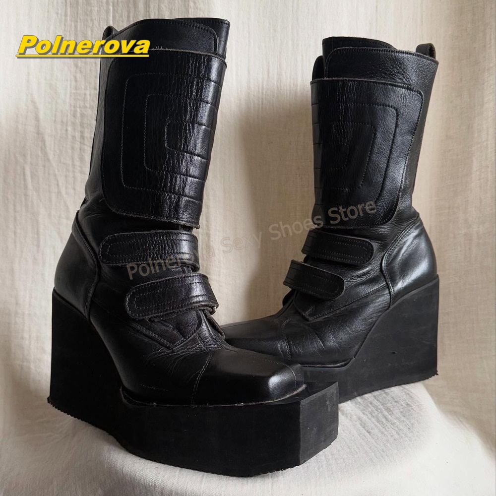 Bottes mi-mollet compensées vintage Y2K pour femme, à bout carré, avec fermeture auto-agrippante, plateforme épaisse, style gothique punk urbain, Nouveautés 2026