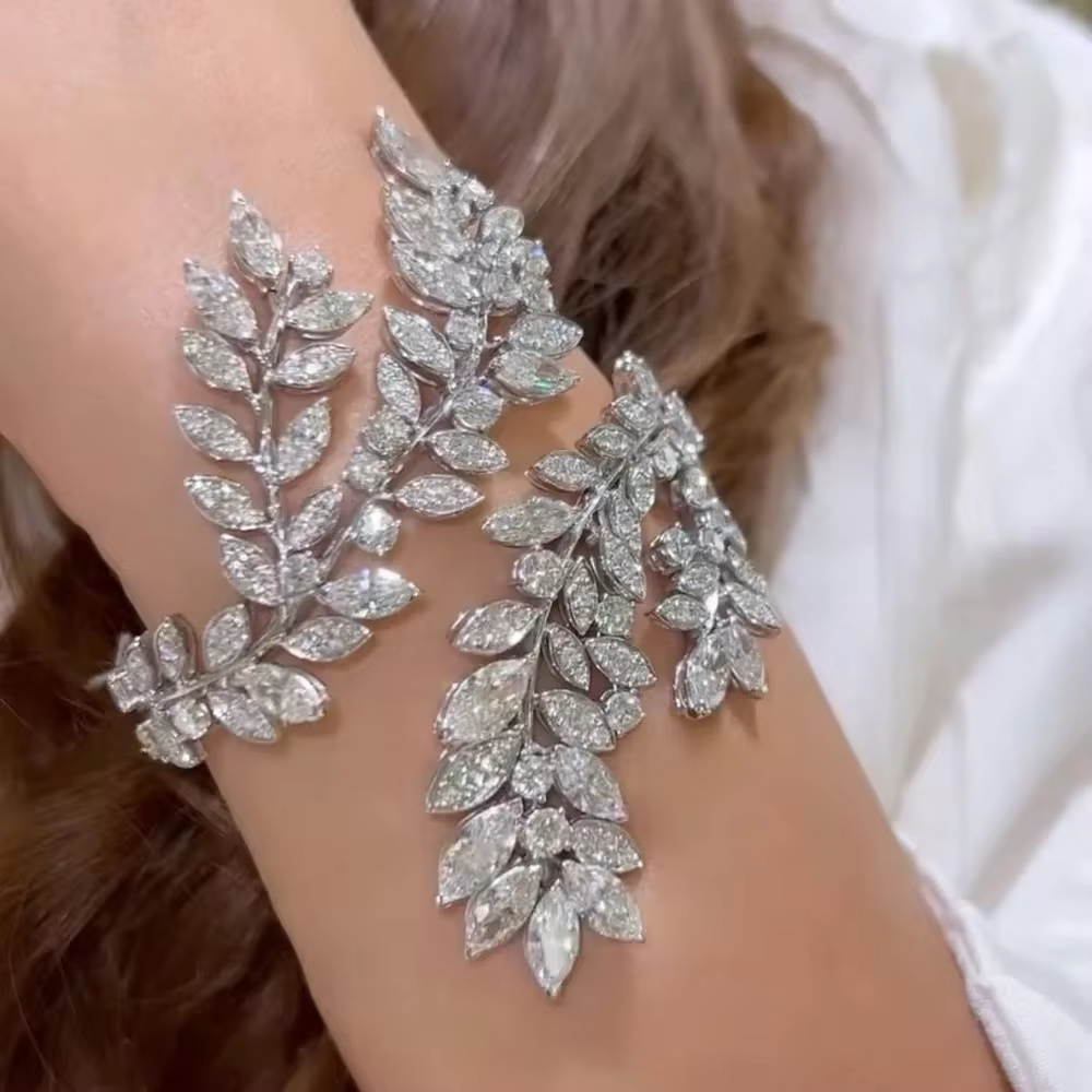 Stonefans gelang manset daun Zirconia, perhiasan tangan pengantin Menawan pernikahan India wanita rantai gelang terbuka