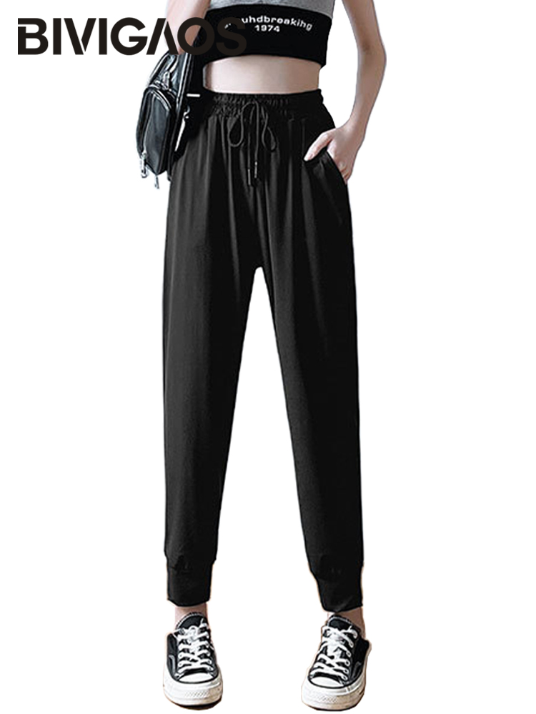 BIVIGAOS-Pantalones deportivos de seda de hielo para mujer, pantalón de chándal informal de secado rápido, longitud hasta el tobillo, color negro