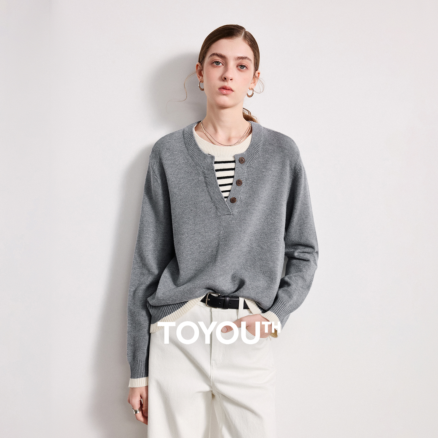 Toyoutth feminino fio dobrado malhas 2026 primavera novo retalhos de duas peças ilusão cor-bloco intelectual topos