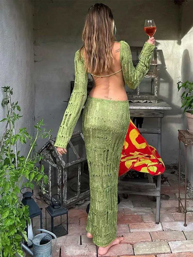 TARUXY See Through Backless Sexy Jurk Voor Vrouwen Zomer Hol Gebreide Maxi Jurken Femme Club Fashion Solid Vestido Vrouw