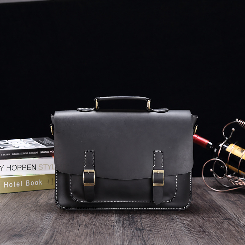 Men's Briefcase Crazy Horse PU Leather Vintage Student Satchel School Office Tote Handbag Shoulder Business Shoulder Women'S Bag