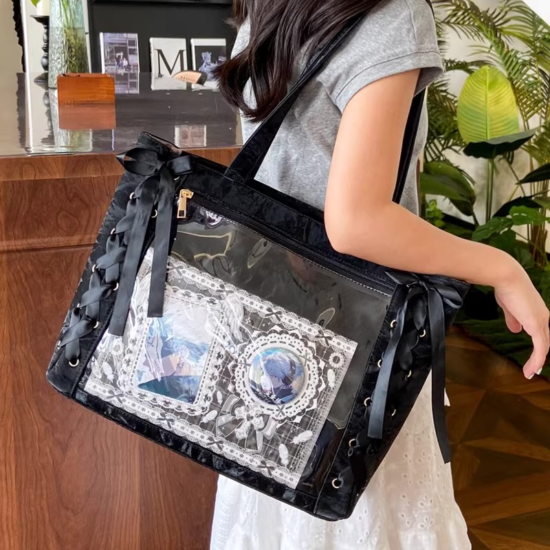 Nova Bolsa de Ombro Y2K com Laço de Fita Estilo Japonês Ita, Bolsa Transversal Grande Capacidade com Bolso Transparente para Meninas, Bolsas DIY para Exibição