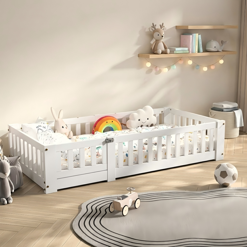 Łóżko podłogowe Montessori, łóżko dla dzieci, drewno sosnowe, z barierkami zabezpieczającymi, białe, 90x900cm/90x190cm, łóżko dziecięce