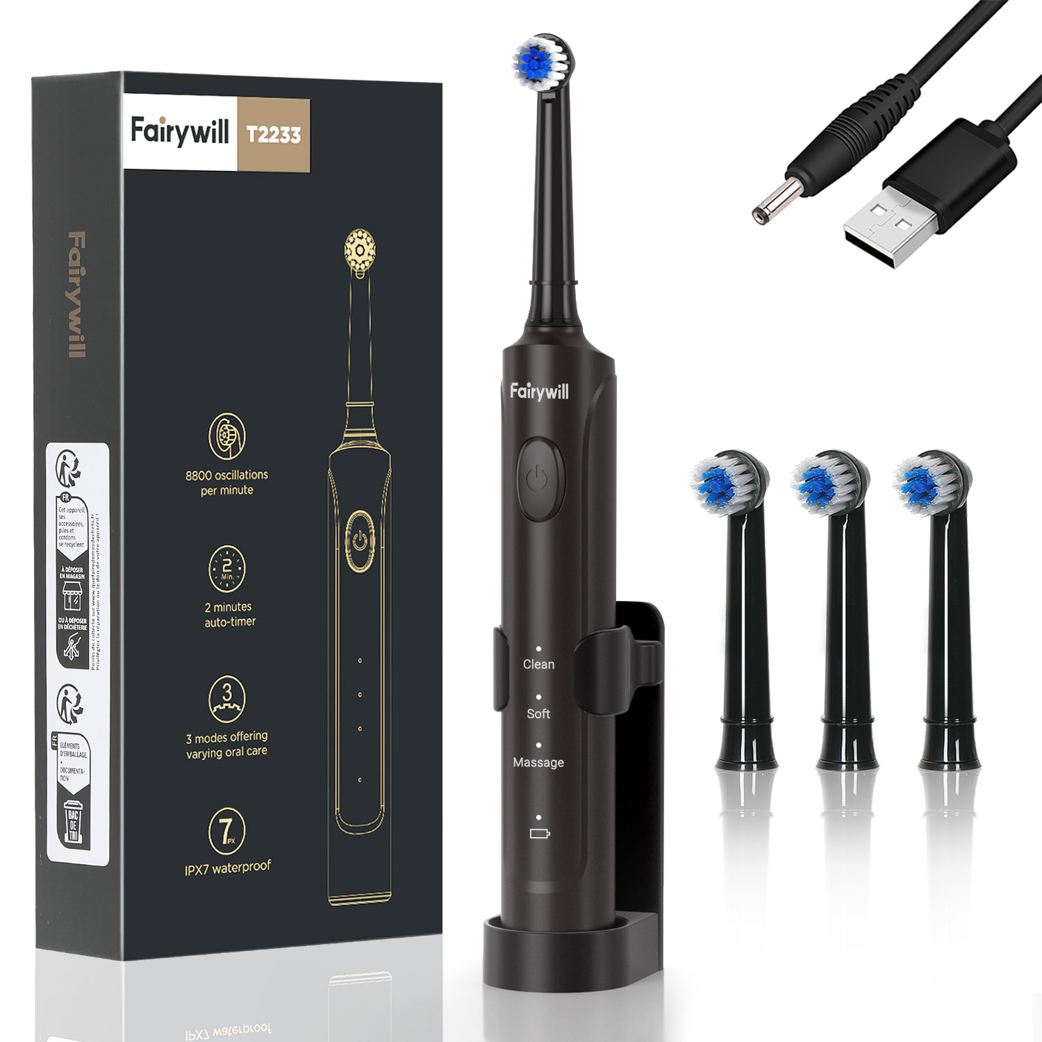 Fairywill Electric Toothbrush T2233Powerful Rotation Cleaning 4 Replacement Heads Rechargeable Sonic Toothbrush for Adults