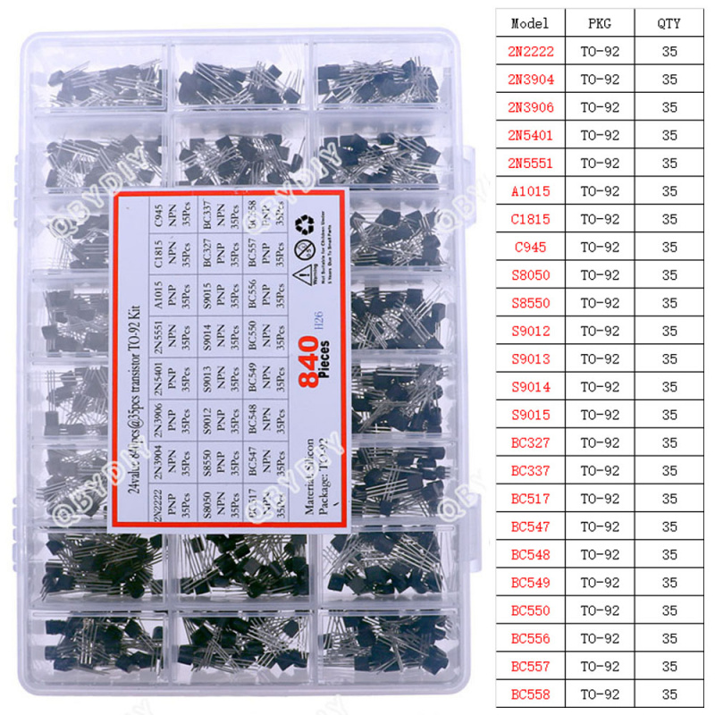 840 шт., 24 значения, набор транзисторов TO-92 PNP/NPN BC327 BC337 BC547 2N2222 3904 3906 C945 BC517 BC550 BC556 BC558 S9014