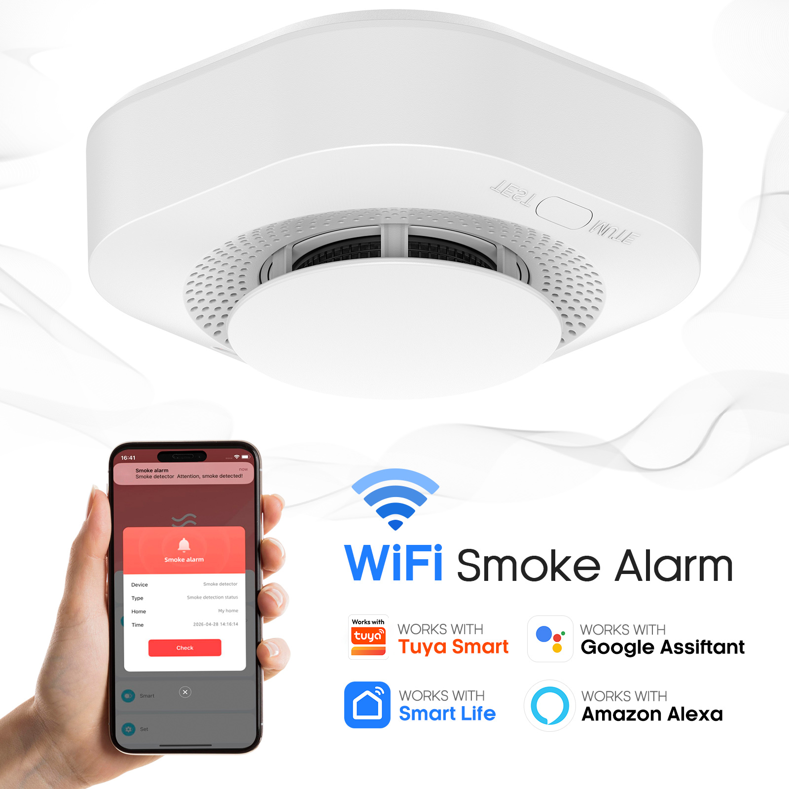 Tuya WLAN-Rauchmelder mit 90 dB Alarm, App-Benachrichtigungen und Sensor für Zuhause, Industrie und Hotel