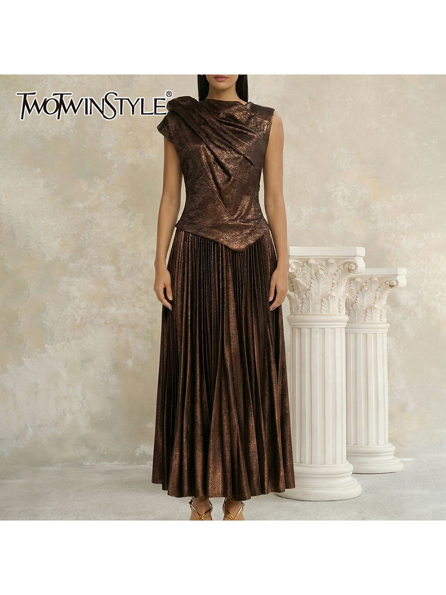 TWOTWINSTYLE Robes asymétriques à patchwork pour femmes, col rond, sans manches, taille haute, robe longue, vêtements de mode féminine 2026