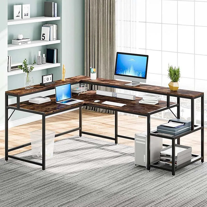 -Large L Shape Modern Wood And Steel Frame Home Office Computer Desk Writing Study Desk With Storage Rack