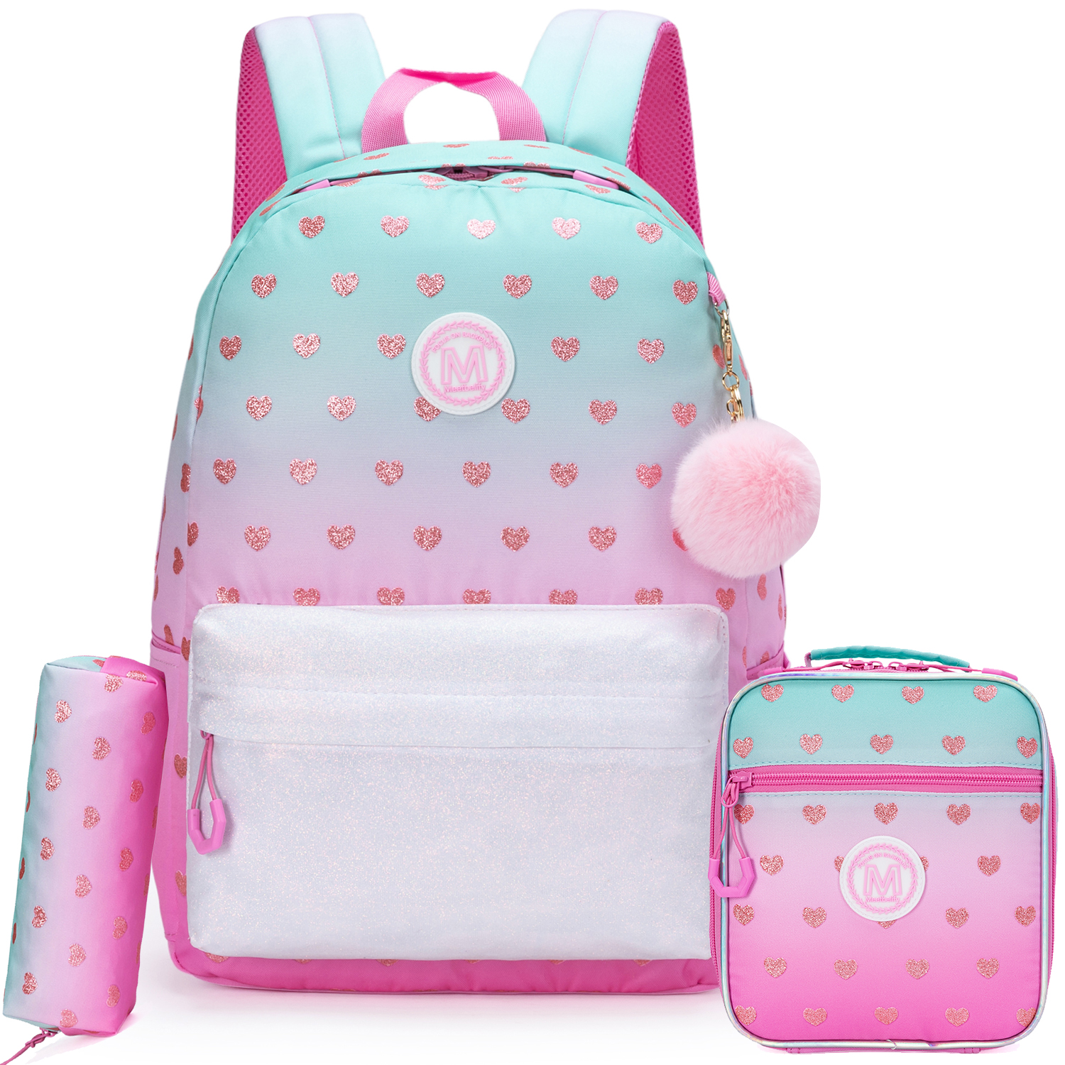 Neuer süßer Hot-Stamping-Liebesrucksack, Laptoptasche, Mädchenrucksack mit Lunchtasche und Stifttasche für Schule, Reisen, Picknick