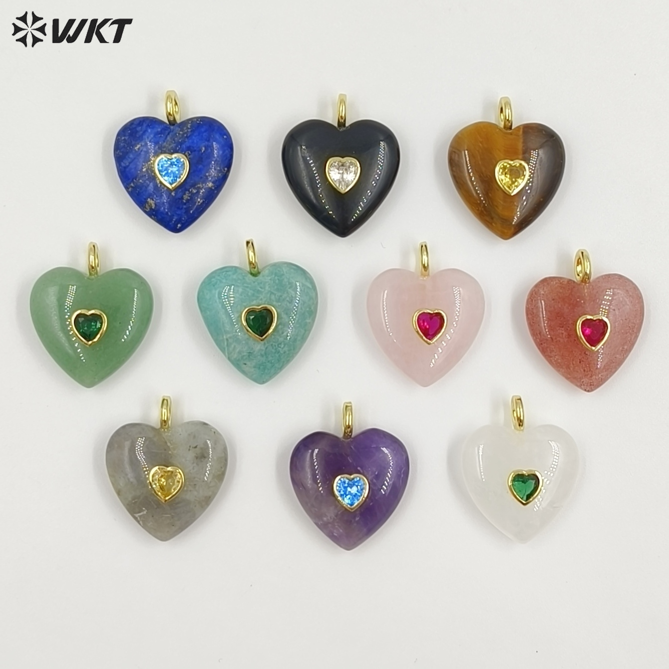 WT-P2059 romántico dulce forma de corazón piedras preciosas de varios colores con circonita pavimentada amatista fresa colgante de cuarzo hallazgos