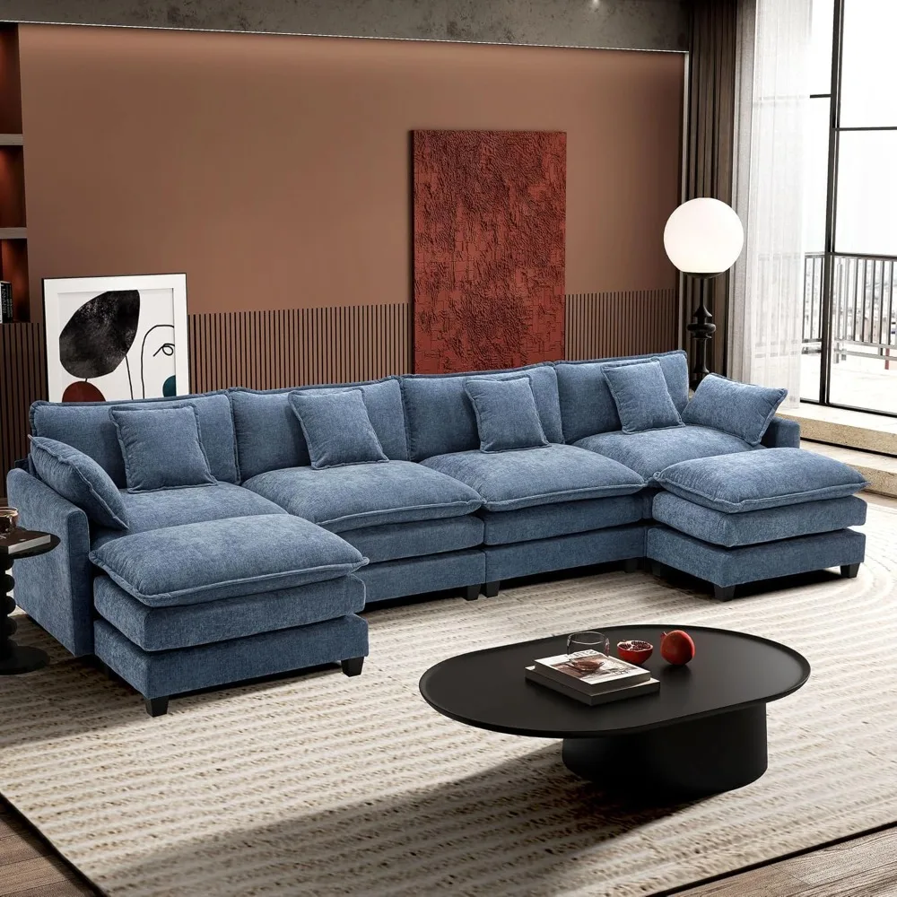 Nowa Najlepsza Oferta Wysyłka z USA Nowoczesna Modułowa Sofa w Kształcie Litery U z Pufą, Sofa z Głębokim Siedziskiem z Chenille, 6 Poduszek do Salonu