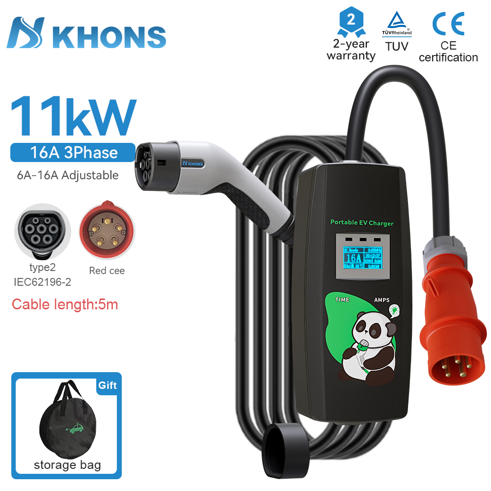 Carregador de carro elétrico Khons 3 fases 16A Carregador portátil Type2 EVSE Caixa de carregamento Cee Plug IEC62196 Carregador de carro elétrico