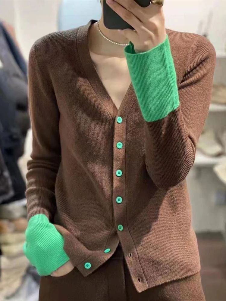 Frauen Herbst Winter feiner Woll pullover V-Ausschnitt gestrickt Spleißen Kontrast farben Strickjacke weiblich lässig schlank Bottom ing Top
