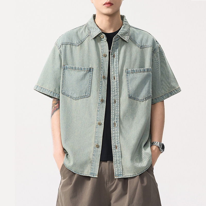 Pria Musim Panas Ringan Tipis Fashion Longgar Kasual Ukuran Besar Vintage Dicuci Denim Lengan Pendek Jeans Kargo Kemeja Cityboy Blus