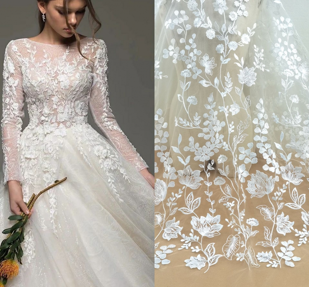 Moda elegante vestido de noiva tecido de renda 130cm de largura vestido de casamento tecido lantejoulas renda venda por jarda
