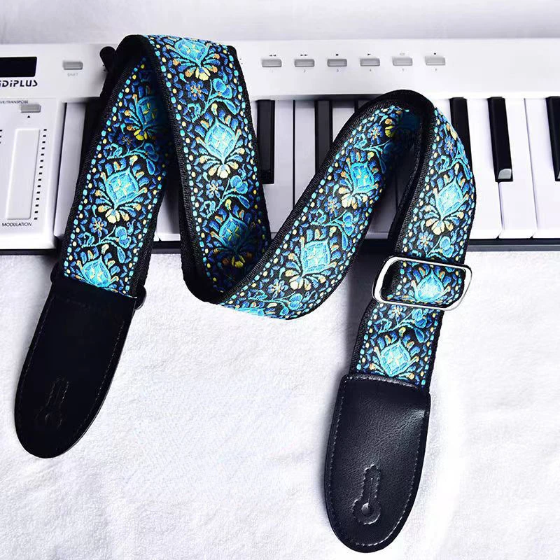 Colorful Embroidered Guitar Strap Acoustic Electric Bass Guitar Ukulele Cotton Shoulder Belt Adjustable Extra Wide for Men Kids