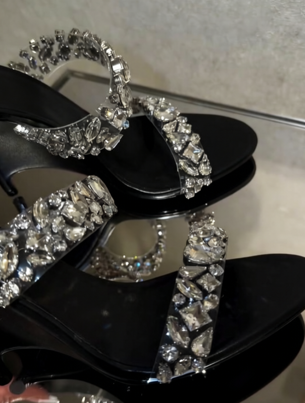 Elegant Black Crystal Wedge Heels Sandals Clear Rhinestone Embellished Straps Open Toe Backless Design Footwear for Formal Event