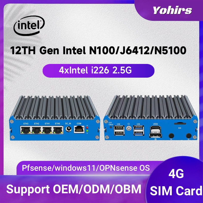 Mini Pc sin ventilador 4 Intel I226-v 2,5 gb Lan N100 J6412 J5040 N5100 Quad Core Soft Router Server Esxi Rugged Firewall Device pc