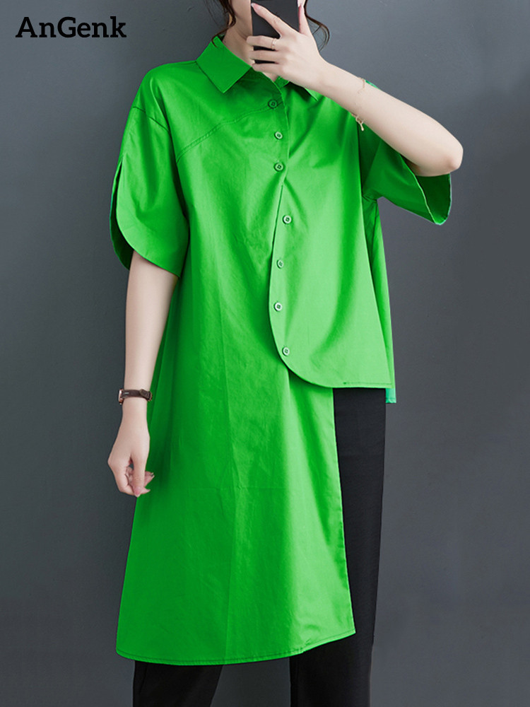 2026 Sommer Neu Grünes Vintage Unregelmäßiges Hemd für Damen, Einreihig mit Revers, Kurzarm, Locker, Lässige Bluse, Top, Modische Kleidung