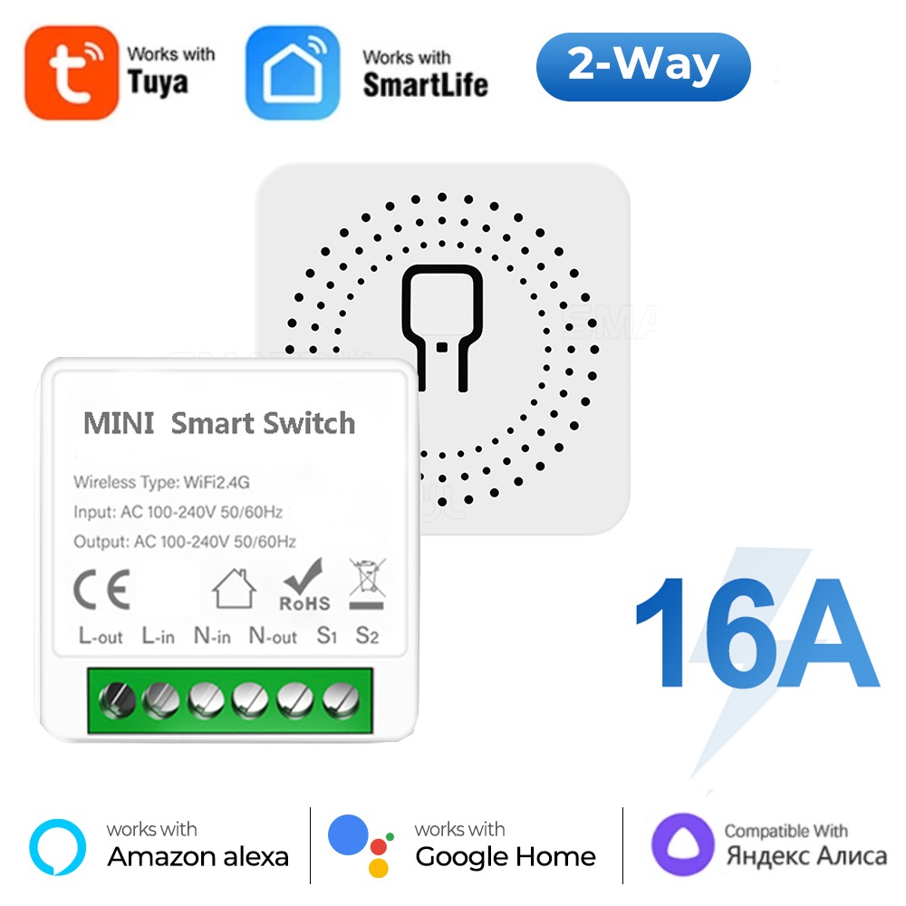 Interruptor Inteligente WiFi 16A, Módulo de Controle de 2 Vias, Mini Interruptor Disjuntor, Funciona com o APP Tuya Smart Life, Alexa, Google, Alice, 1 unidade