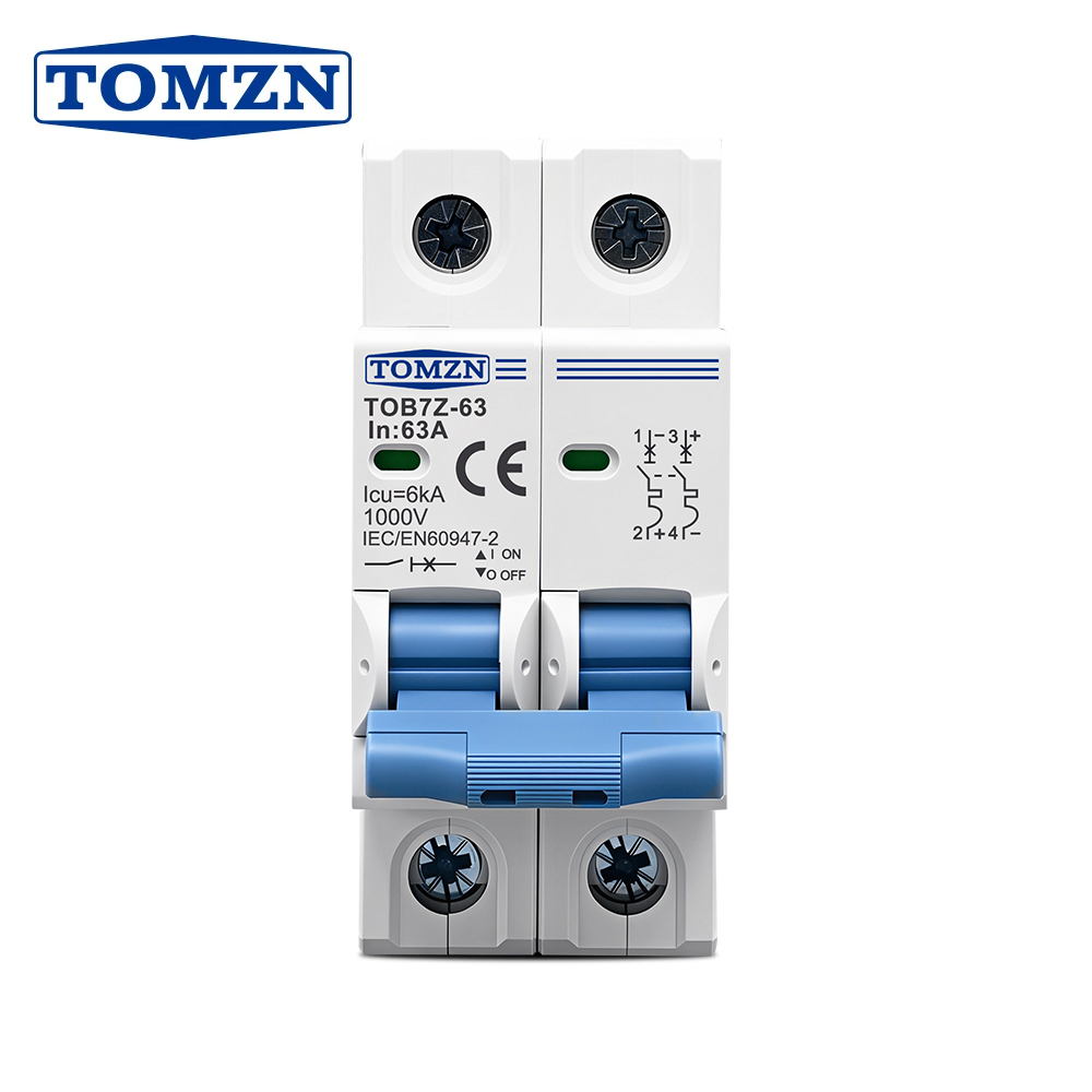 TOMZN TOB7Z 2P DC 1000V Mini Interruptor Automático Solar 3A 6A 10A 16A 20A 25A 32A 40A 50A 63A DC MCB para Sistema Fotovoltaico MCB Riel DIN de 35mm