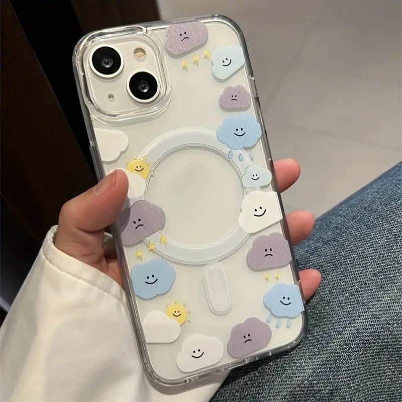 Cover Magnetica Semplice Smile Cloud per iPhone 16 16e 15 14 13 12 11 8 7 Plus Pro Max X XS Max, Custodia Trasparente con Cartone Animato per Magsafe