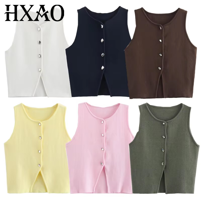 Hxao feminino camisola colete recortado colete de malha mulher sem mangas branco azul colete feminino outono botão fino amarelo rosa coletes de malha