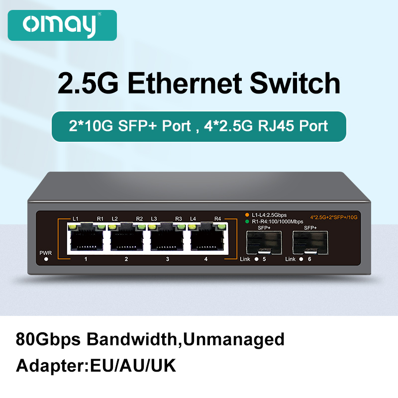 Conmutador de red OMAY de 2,5 GbE, 4 puertos, 2,5G, RJ45, con 2 puertos, 10G, SFP+, conmutador Ethernet, Plug and Play sin ventilador, montado en la pared de escritorio