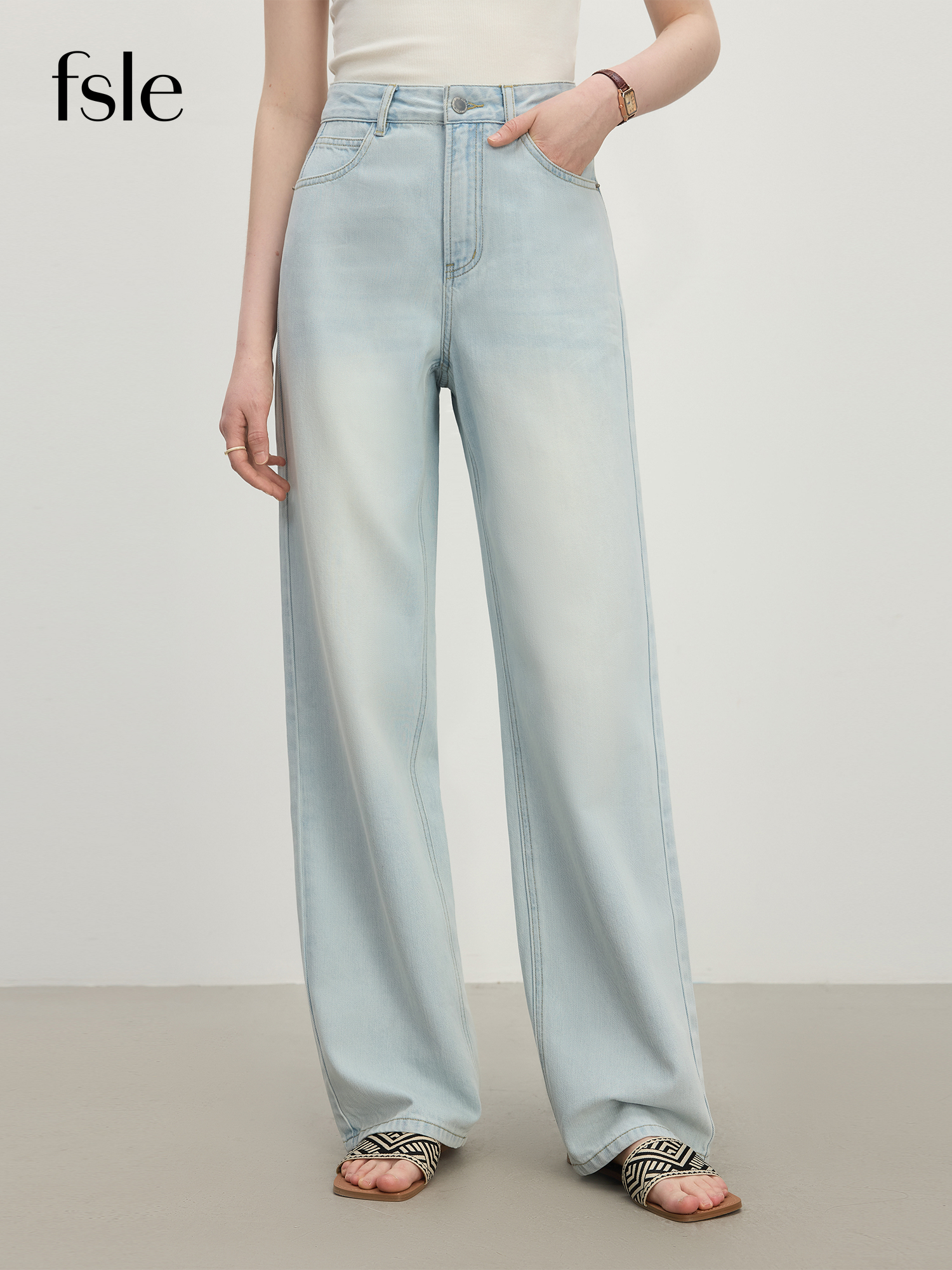FSLE Minimalisme Rechte Hoge Taille Jeans voor Vrouwen 2025, Nieuwe Collectie Zomer Dunne Veelzijdige Mode Chic Casual Broek 25FS12332
