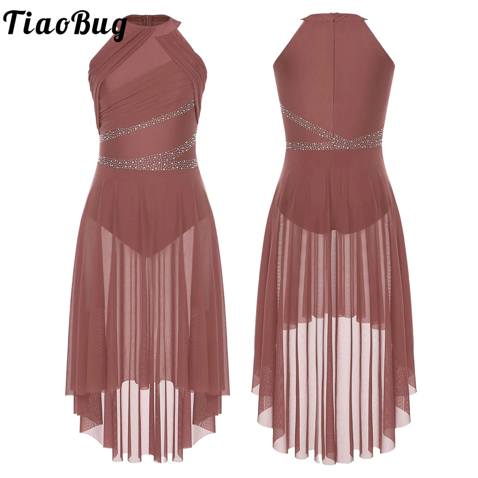 Abito da ballo lirico moderno da donna, tulle alto-basso, strass, balletto, ginnastica, body, pattinaggio di figura, costume da spettacolo