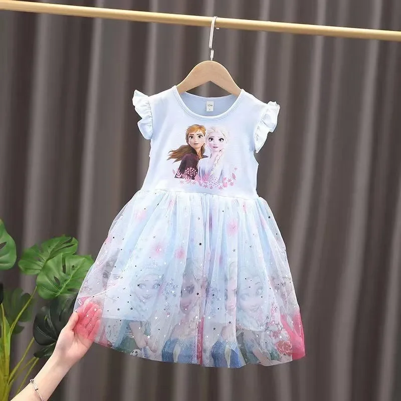 Vestidos de verão para meninas, Top pijama infantil, Frozen Anna e Elsa Print, Vestido de festa, Roupas de casamento, Bebê