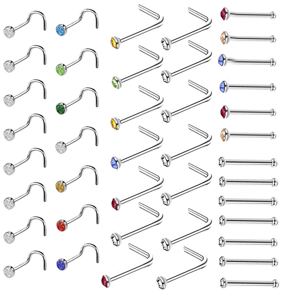 Juego de anillos para la nariz de acero inoxidable, 10 piezas, en forma de L, cristal, tachuelas rectas, lote de Piercing, joyería corporal para mujer, 1,8 m