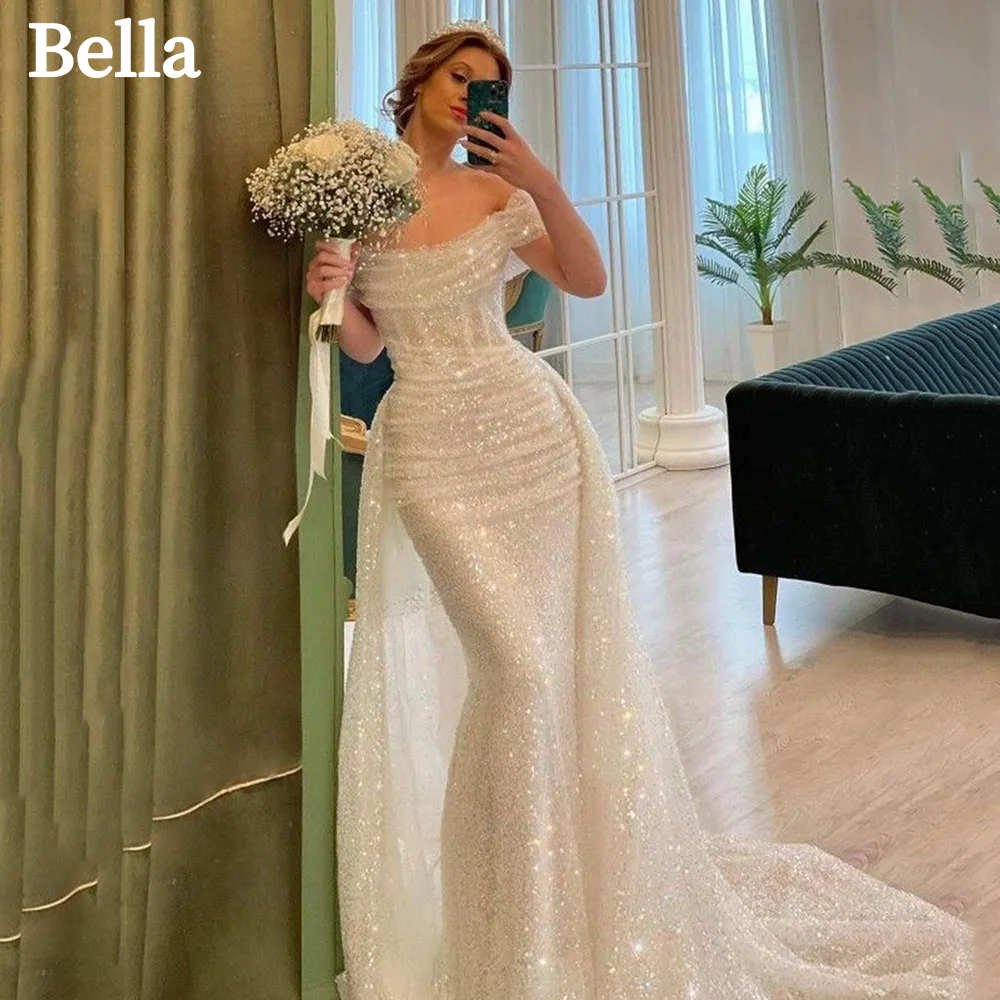 Белые блестящие платья для выпускного вечера Bella с блестящими пайетками, свадебное платье русалки по индивидуальному заказу с длинным шлейфом и открытыми плечами, Vestidos De Fiesta 2024