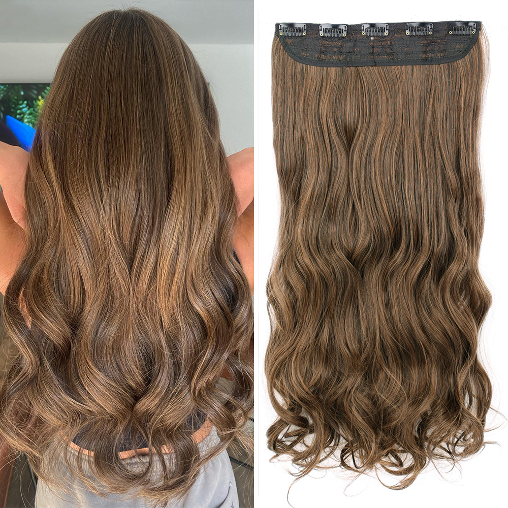 Penteados longos e ondulados sintéticos, 5 clipes em extensões de cabelo, resistente ao calor, marrom, peça única, 5 clipes, cabelo falso para mulheres