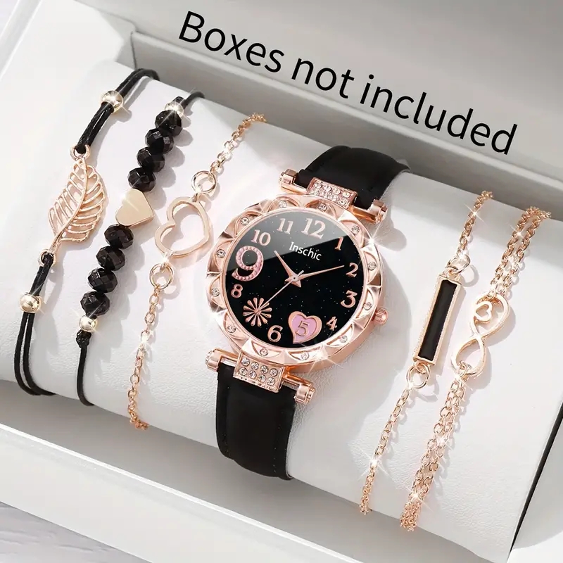 6 pçs/set relógios femininos moda strass coração dial pulseira de couro relógio de quartzo folha pulseiras conjunto (sem caixa)