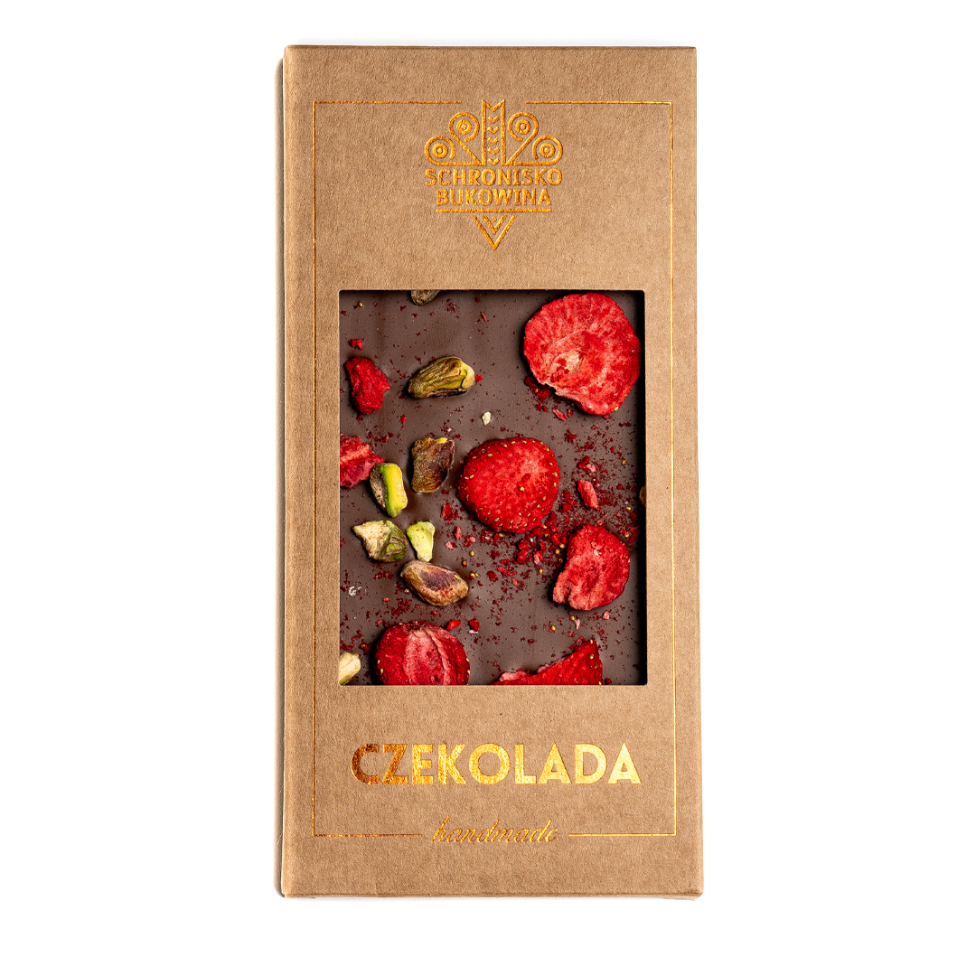 Milchschokolade mit Pistinationen und Erdbeeren 100g-Bukovina Shelter