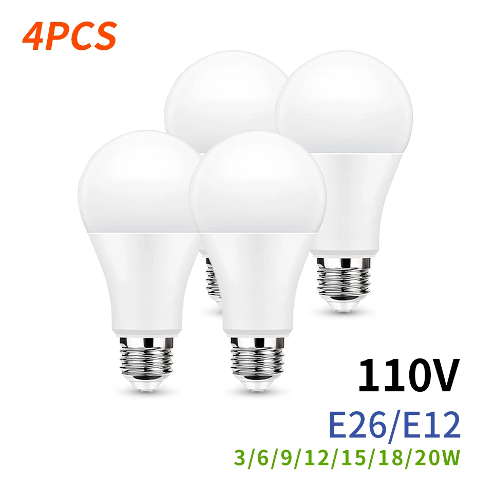 4 buah E26 E12 bohlam LED AC 110V SMD2835 3W 6W 9W 12W 15W 18W 20W, lampu LED putih hangat dingin pencahayaan dalam ruangan