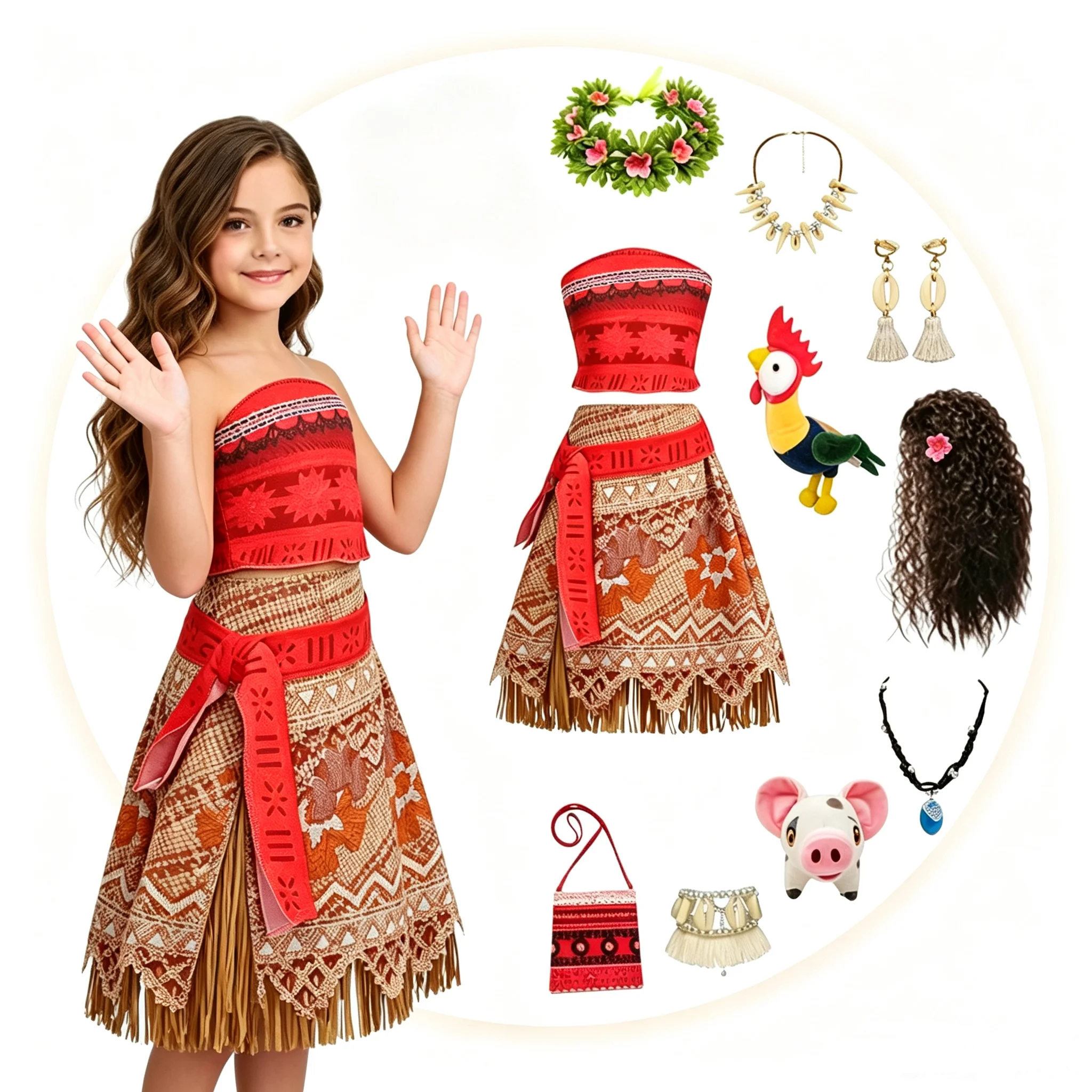 Disfraz de Princesa Polinesia Moana Vaiana de 2 Piezas para Adultos y Niños con Peluca y Collar, Disfraz para Fiesta de Cumpleaños o Halloween