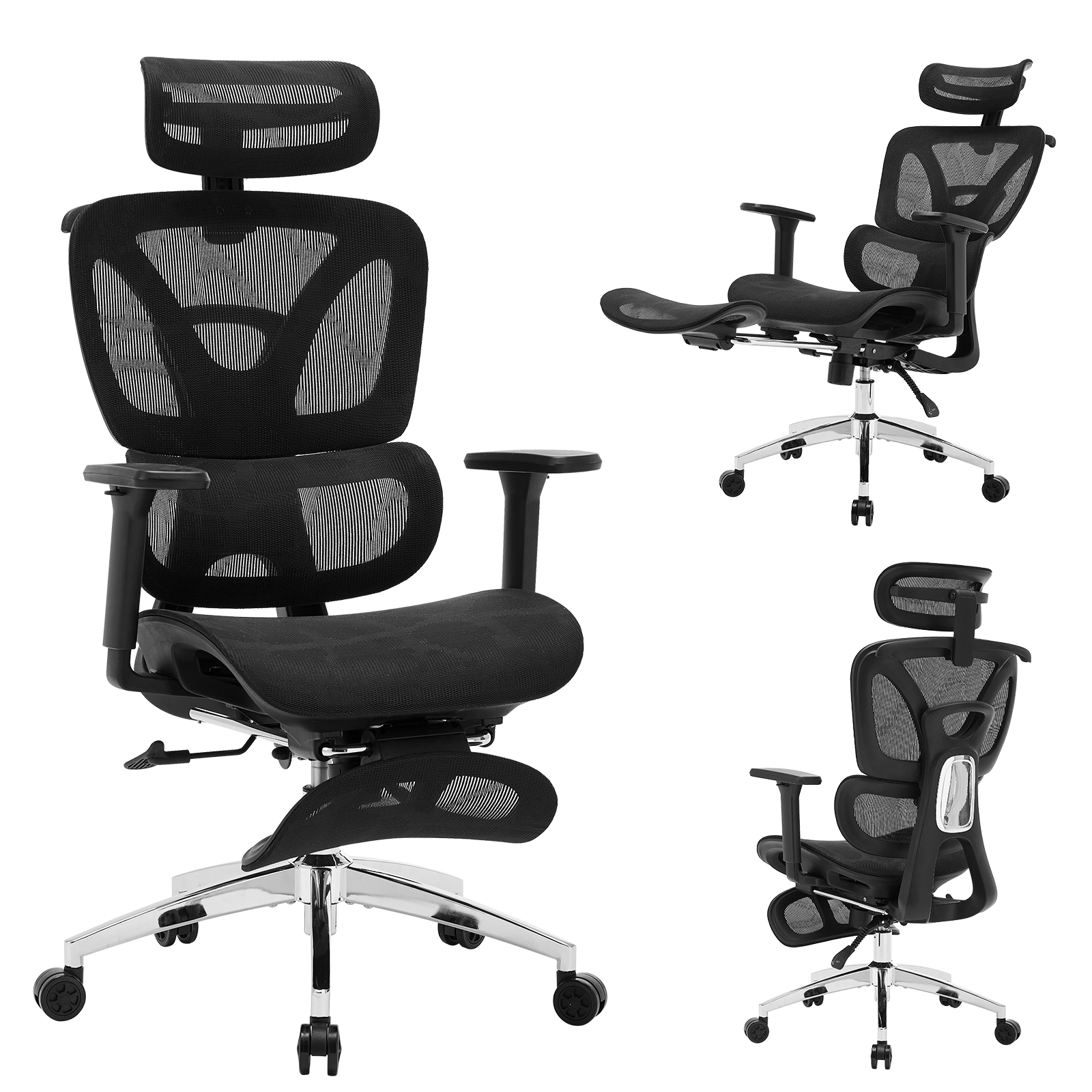 Silla de Oficina Ergonómica con Respaldo Alto y Reposapiés, Soporte Lumbar Dinámico, Giratoria con Ruedas para Oficina en Casa y Juegos