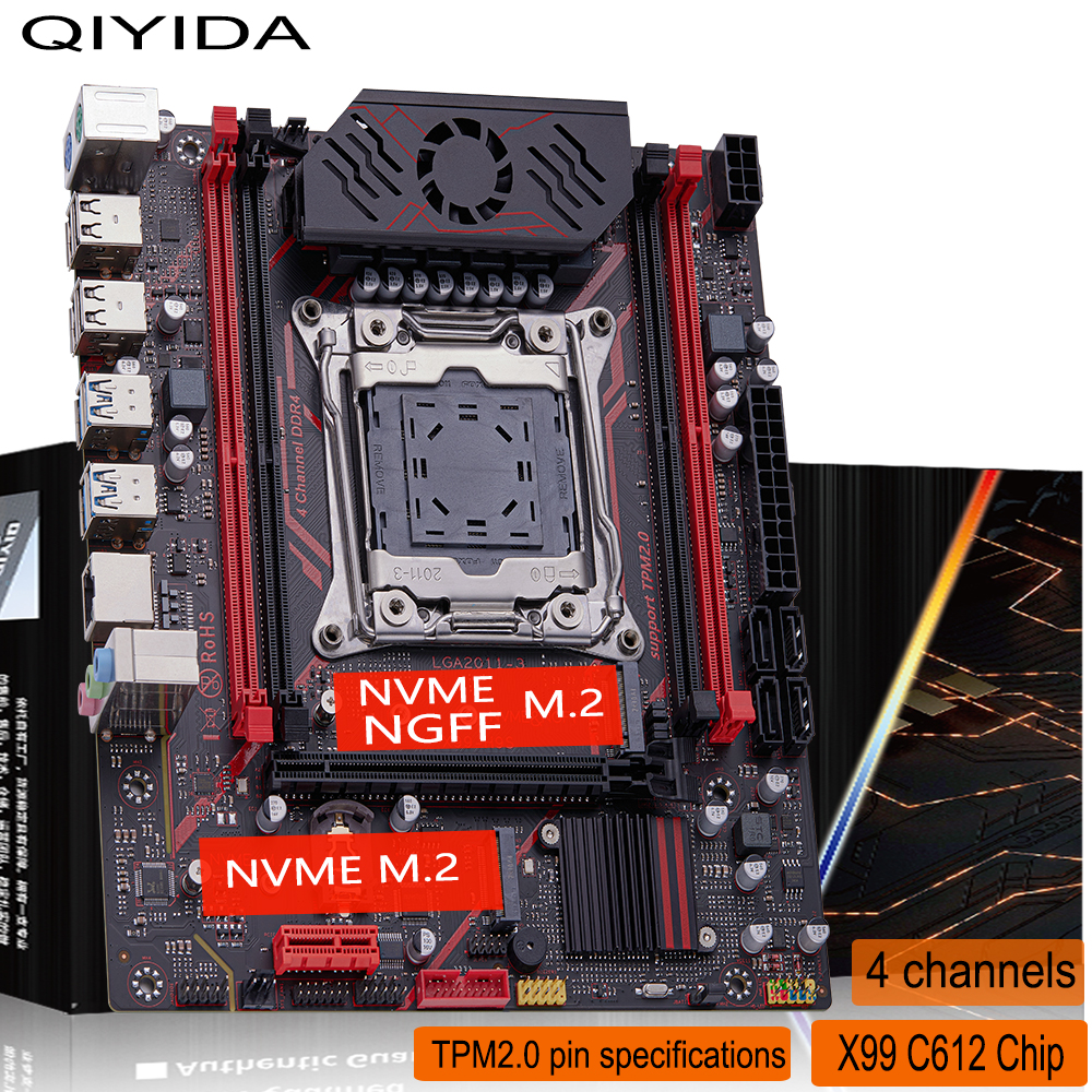QIYIDA X99 motherboard 4 channels TPM 2.0Interface LGA 2011 3 with NVME NGFF M.2 Support X99 C612chip DDR4 Memory SATA3.0 USB3.0