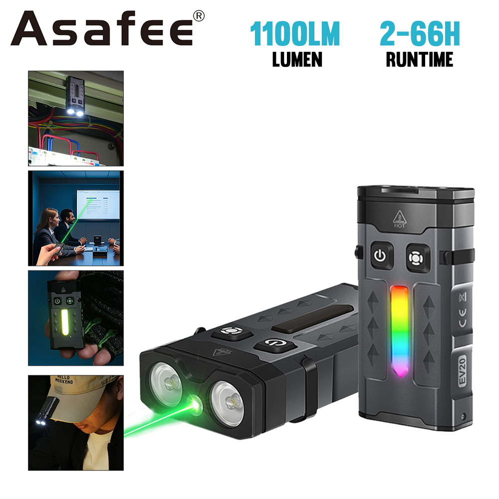 Asafee EV20 EDC фонарик 1100LM белый + зеленый прожектор лампа красочный сигнальный боковой прожектор с магнитным портативным зажимом