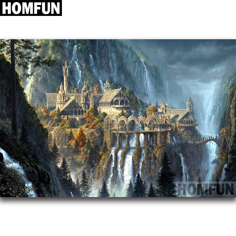 HOMFUN-pintura de diamante redondo/cuadrado completa, cuadro artesanal 5D, bordado de "Castle Falls", punto de cruz, regalo de decoración del hogar 5D A06792
