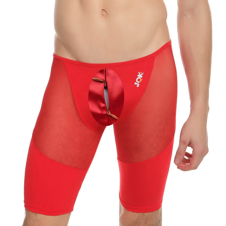 O corpo dos homens de opencrotch dá forma às calças de alta elasticidade náilon gelo malha respirável sexy casa calças sob o uso para