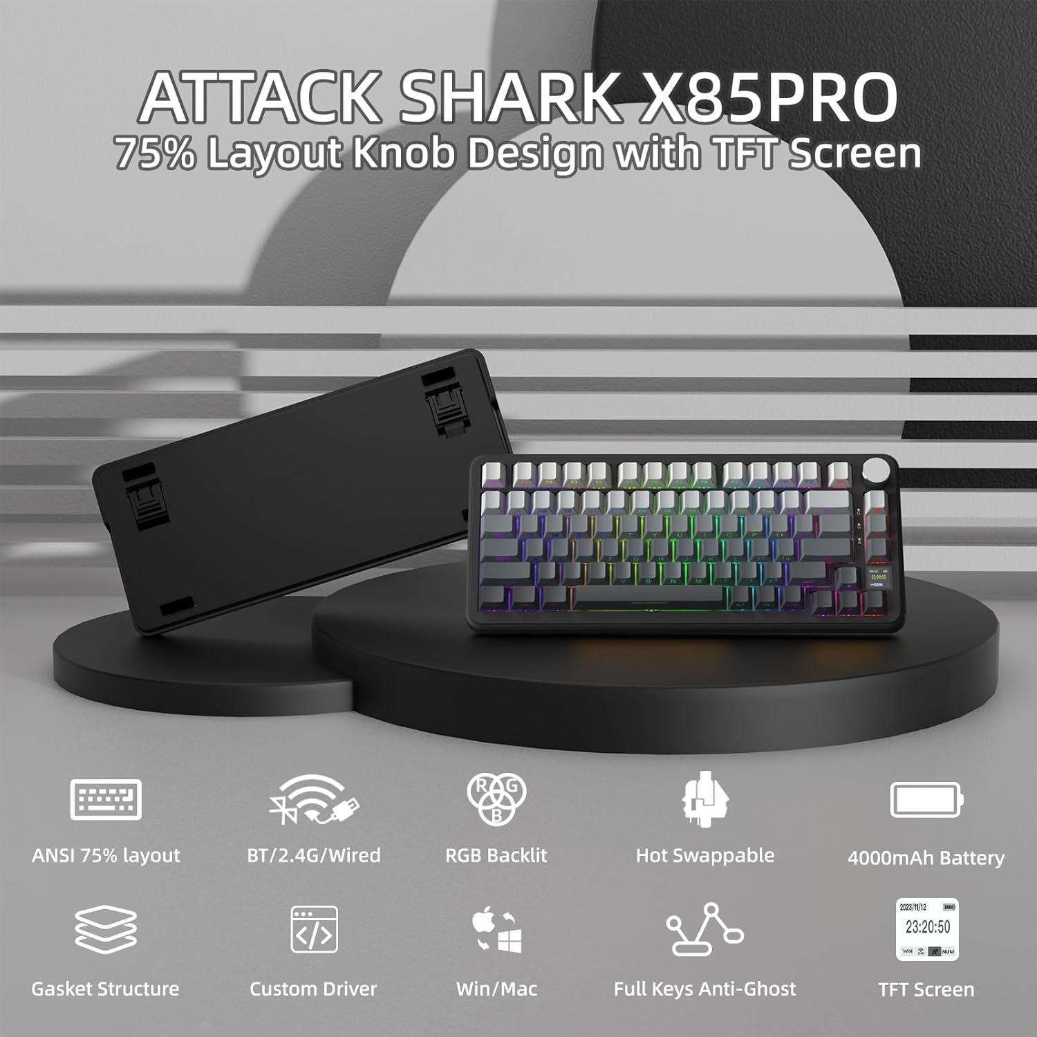 ATTACK SHARK X85Pro 75% klawiatura mechaniczna z ekranem i pokrętłem Możliwość wymiany podczas pracy Bezprzewodowy 2,4 GHz/Bluetooth/przewodowy uchwyt RGB z uszczelką QM